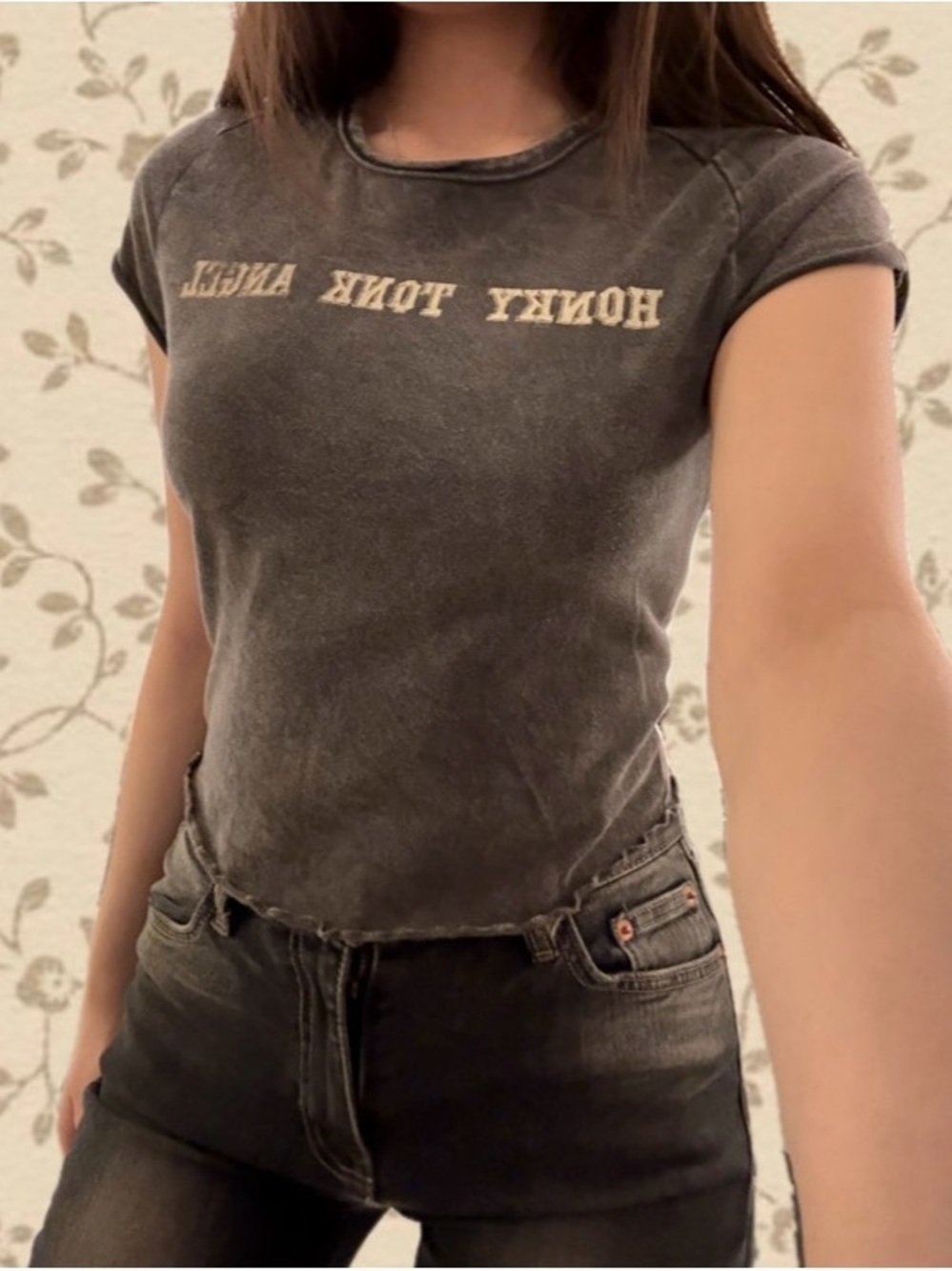 Vintage Washed Grey “Honky Tonk Angel” Fitted Tee